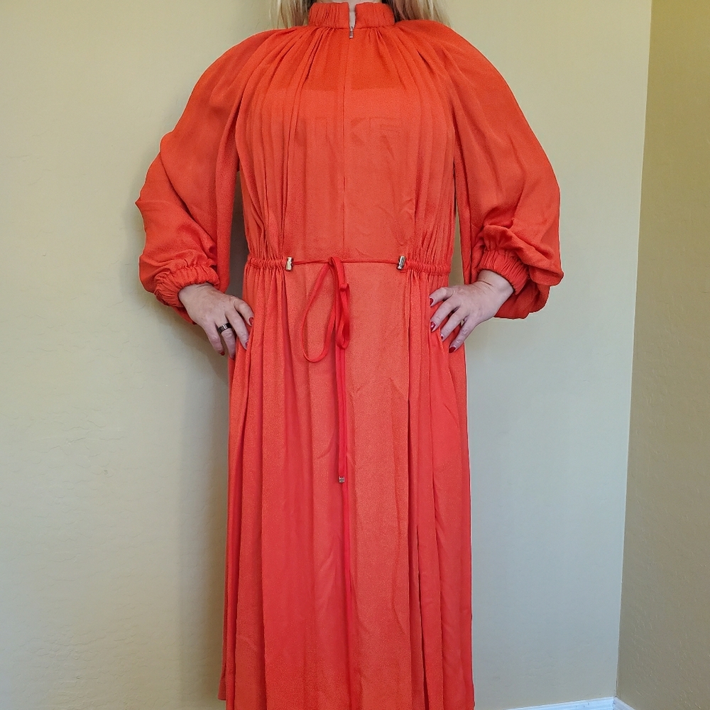 Tibi Ruched Drawstring Mockneck Midi Dress In Red